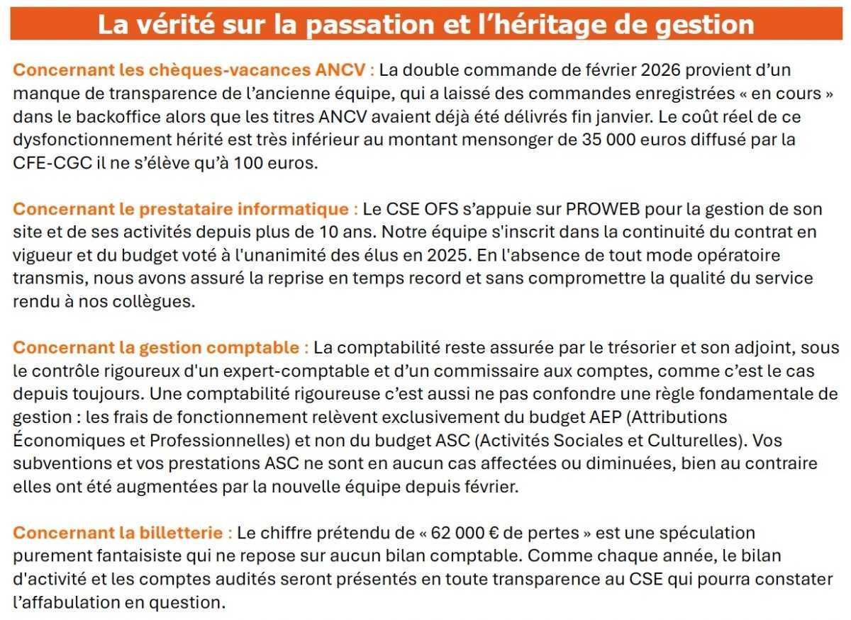 Droit de réponse et vérité sur la gestion du CSE d’OFS