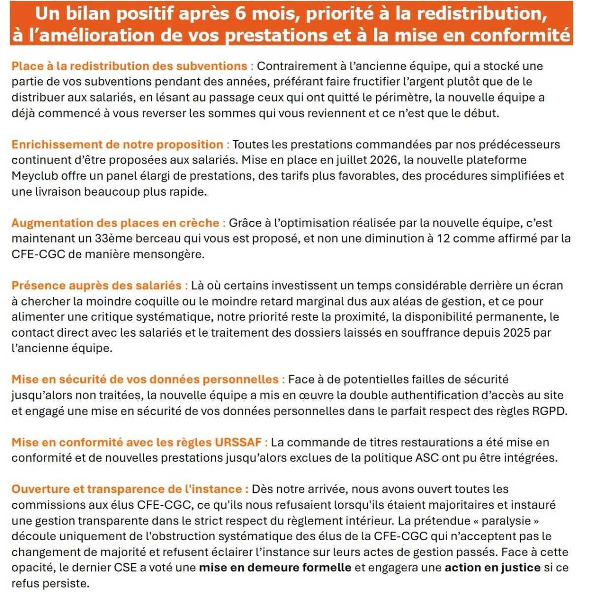 Droit de réponse et vérité sur la gestion du CSE d’OFS
