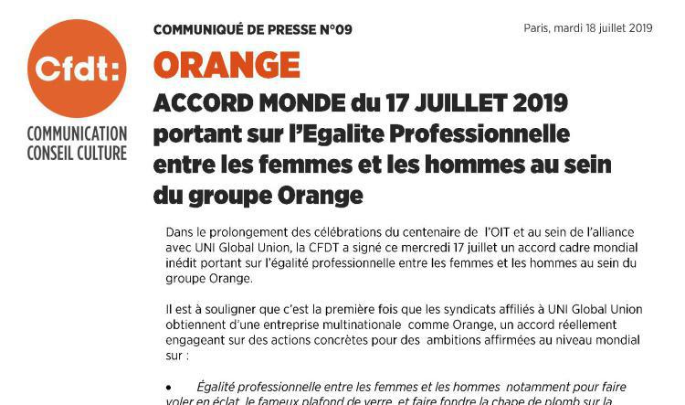Accord Monde sur l'égalité professionnelle au sein du Groupe Orange Juillet 2019