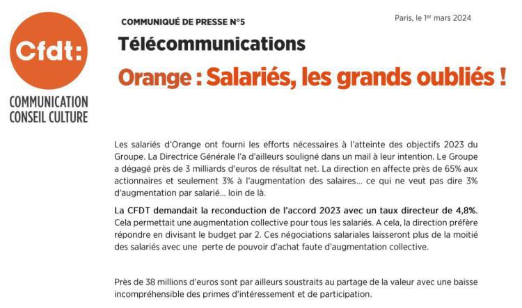 1er Mars 2024 - Communiqué de presse N°5 : ORANGE : SALARIÉS, LES GRANDS OUBLIÉS !