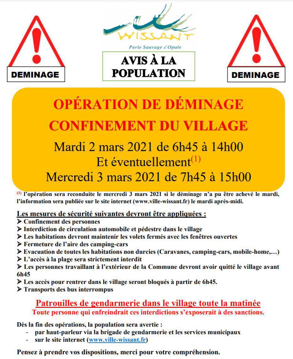 Déminage avec confinement, le Mardi 2 Mars 2021 Déminage avec confinement, le Mardi 2 Mars 2021