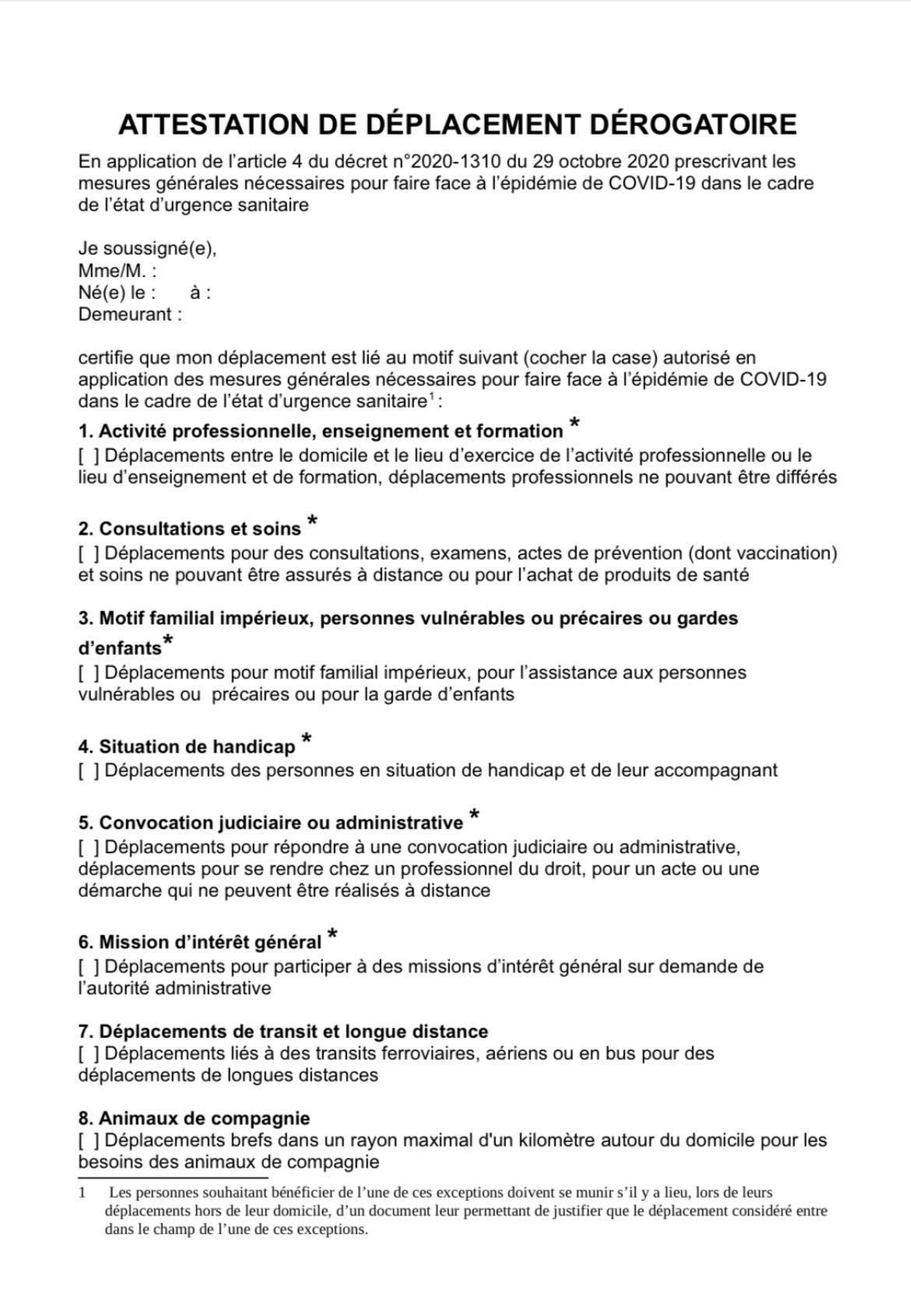 Nouvelle attestation de déplacement Nouvelle attestation de déplacement