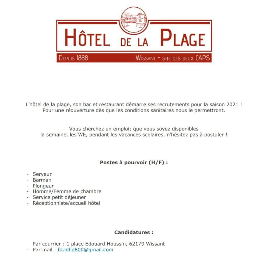 L’Hôtel de la plage à Wissant recrute des saisonniers L’Hôtel de la plage à Wissant recrute des saisonniers