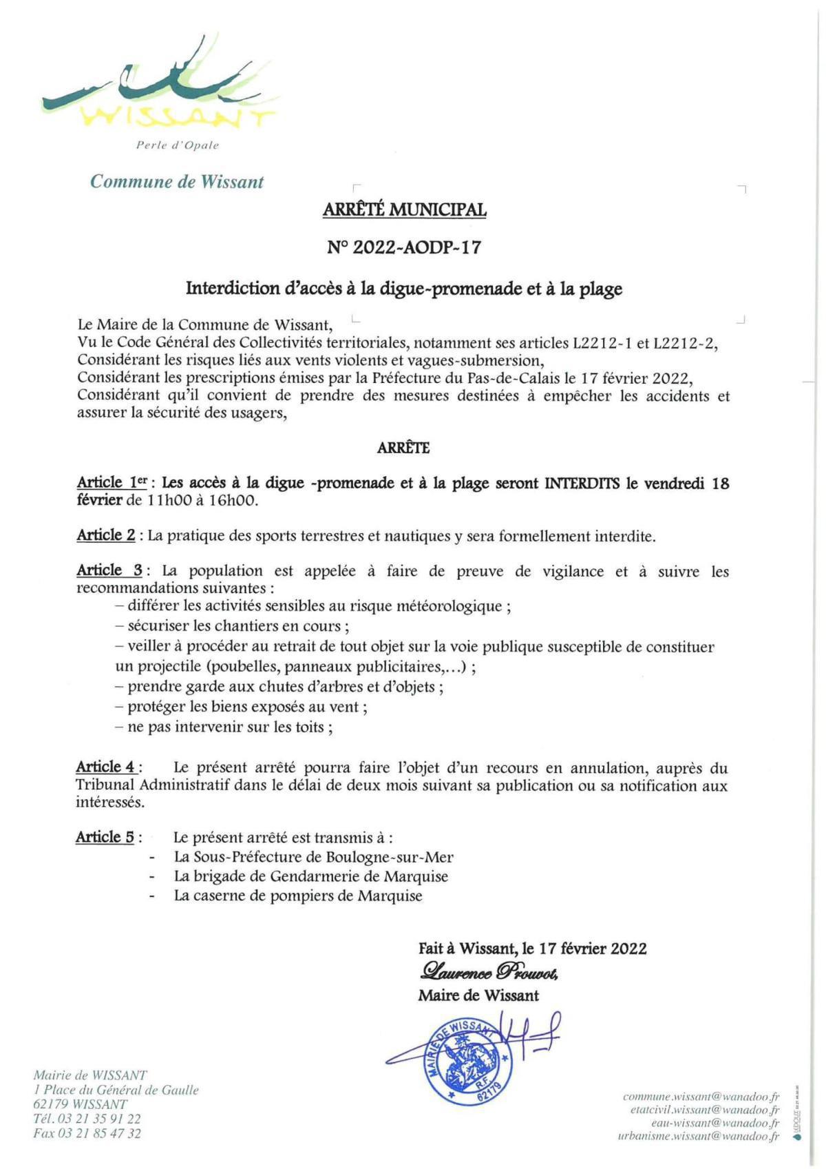 Wissant: accès à la digue et la plage interdits ce vendredi 18 Février Wissant: accès à la digue et la plage interdits ce vendredi 18 Février