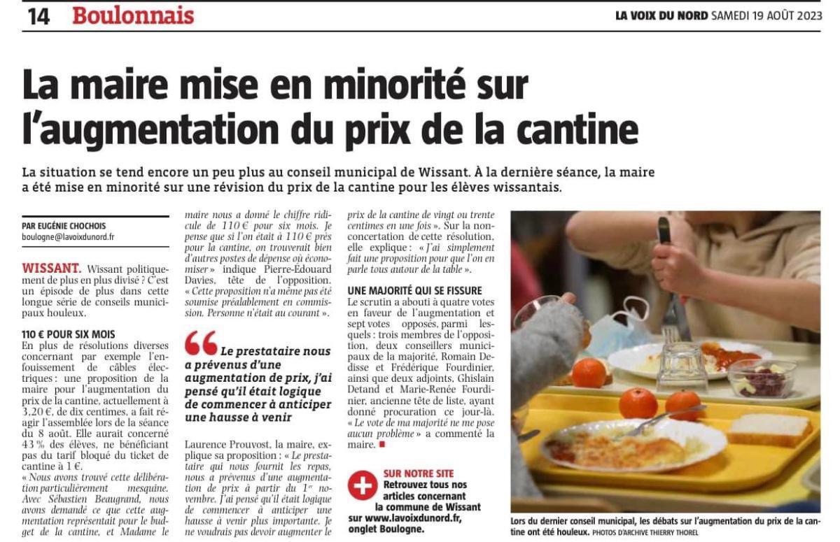 Wissant : la maire mise en minorité sur l’augmentation du prix de la cantine Wissant : la maire mise en minorité sur l’augmentation du prix de la cantine