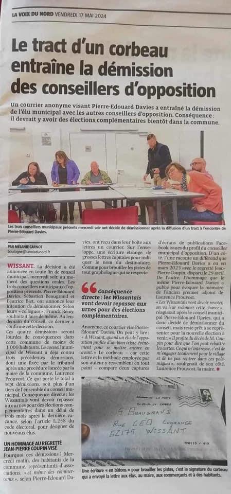 À Wissant, le tract d’un corbeau entraîne la démission des conseillers d’opposition et de nouvelles élections À Wissant, le tract d’un corbeau entraîne la démission des conseillers d’opposition et de nouvelles élections