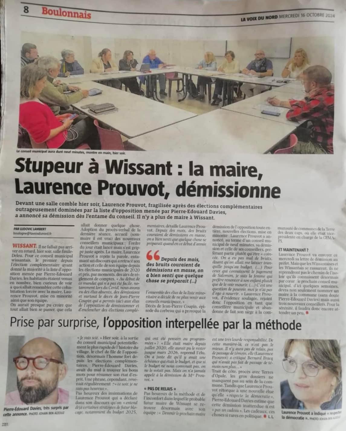Stupeur à Wissant : la maire, Laurence Prouvot, annonce sa démission lors du conseil municipal Stupeur à Wissant : la maire, Laurence Prouvot, annonce sa démission lors du conseil municipal