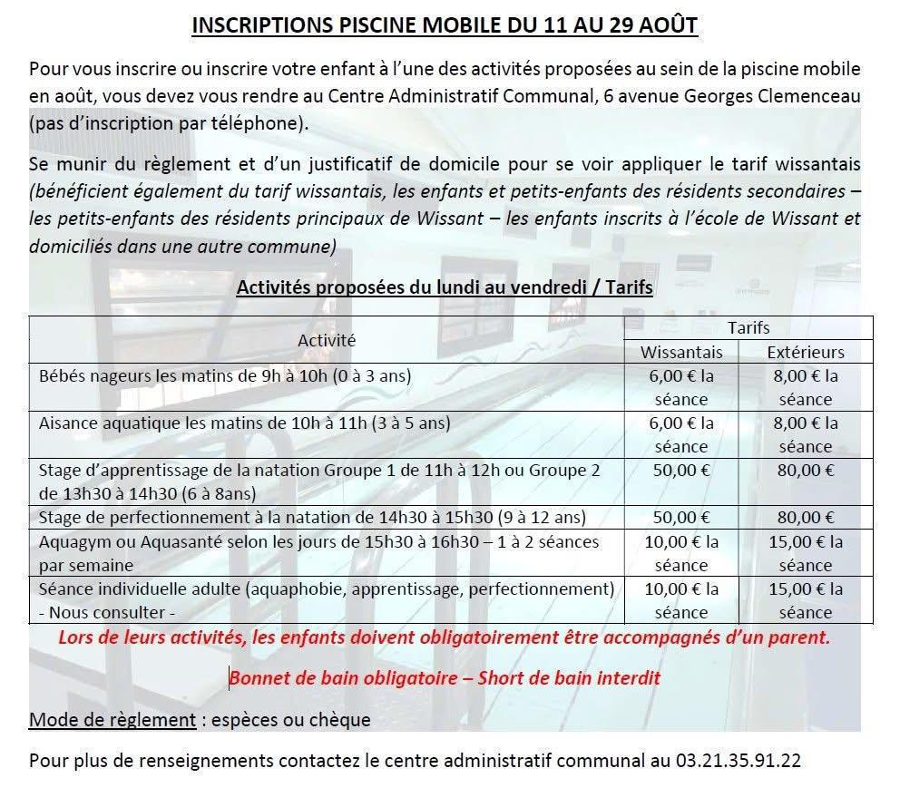 Inscriptions à la piscine mobile du 11 au 29 Août