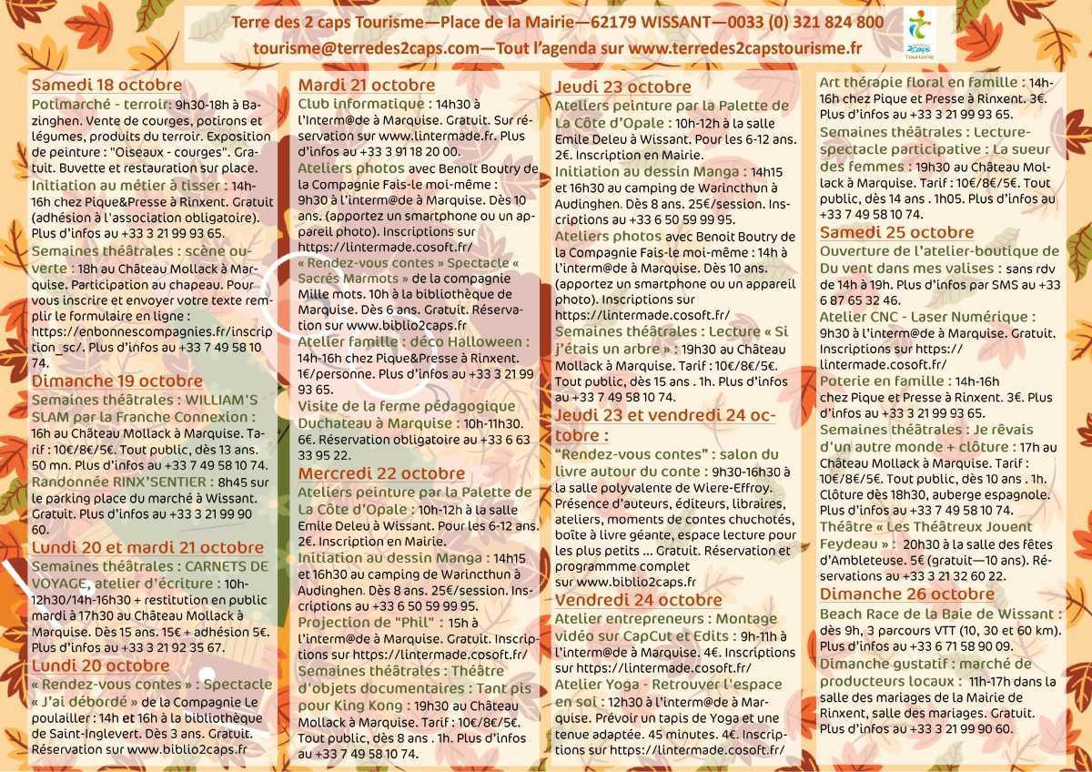 Manifestations du 18 octobre au 02 novembre sur La terre des 2 caps