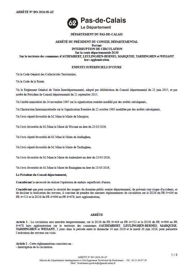  Info circulation – Route de Marquise - RD238