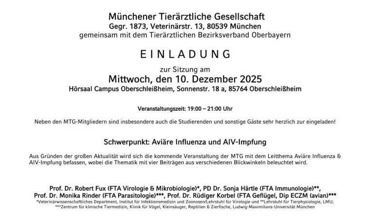 Einladung zur Veranstaltung der Münchner Tierärztlichen Gesellschaft