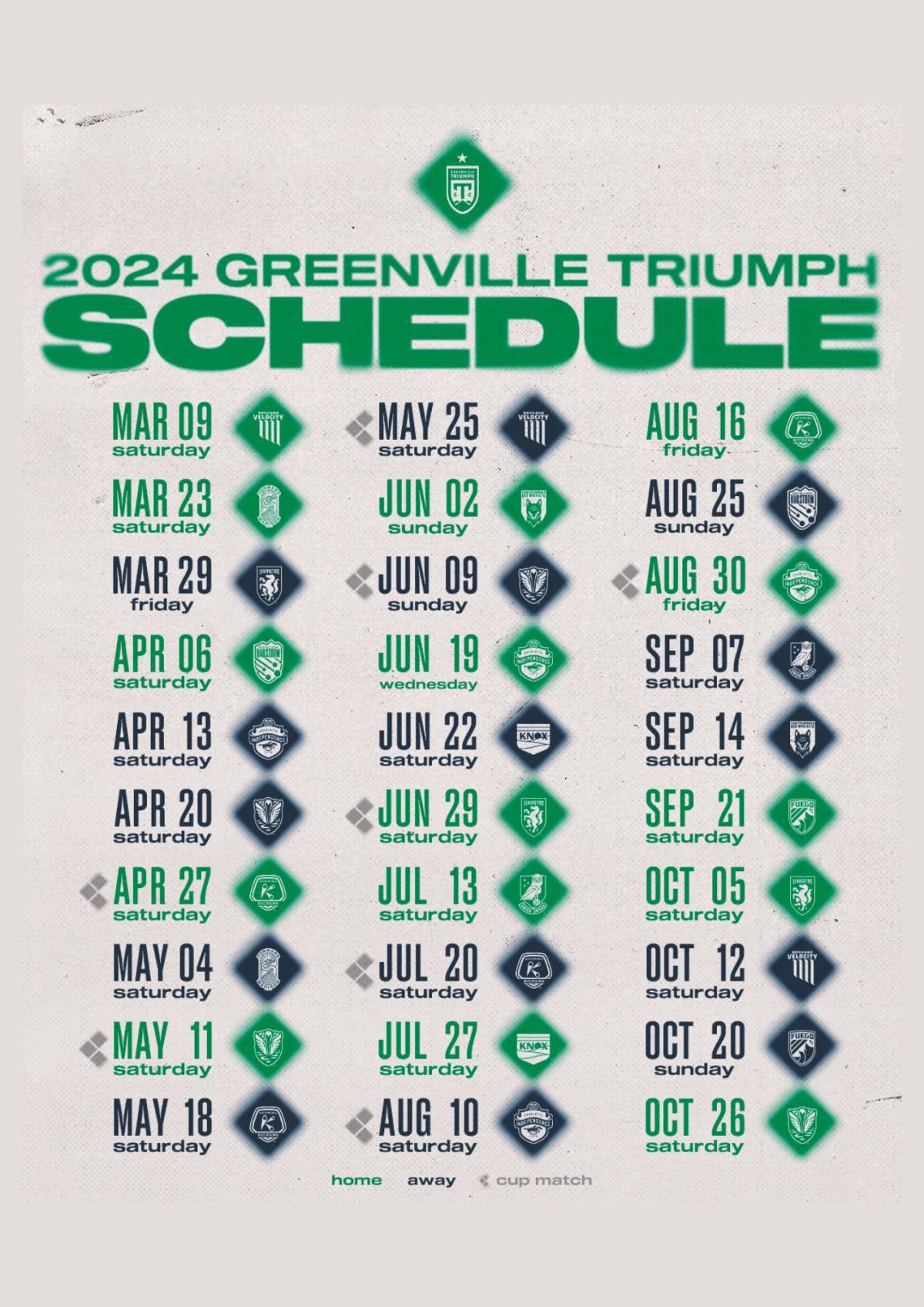 Greenville releases newly developed balanced 30-match schedule including 8 cup matches