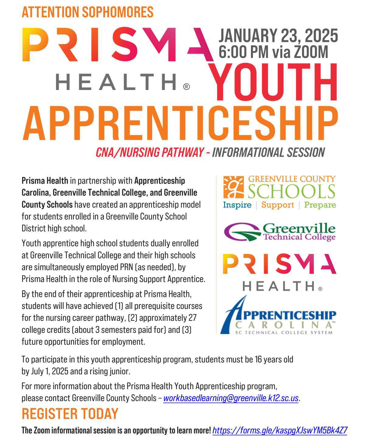 Attention Sophomores: Register for a Prisma Health Youth Apprenticeship Informational Session