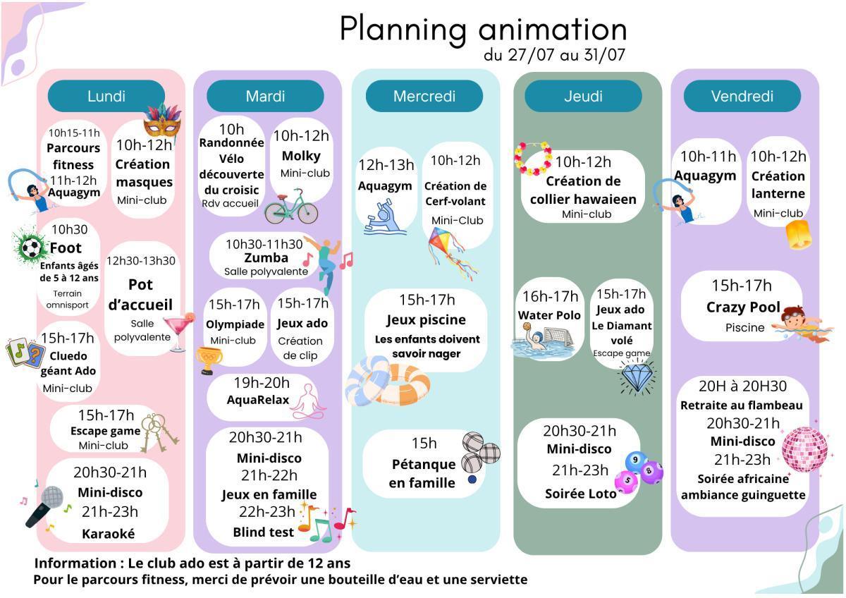Planning du 27 au 31/07