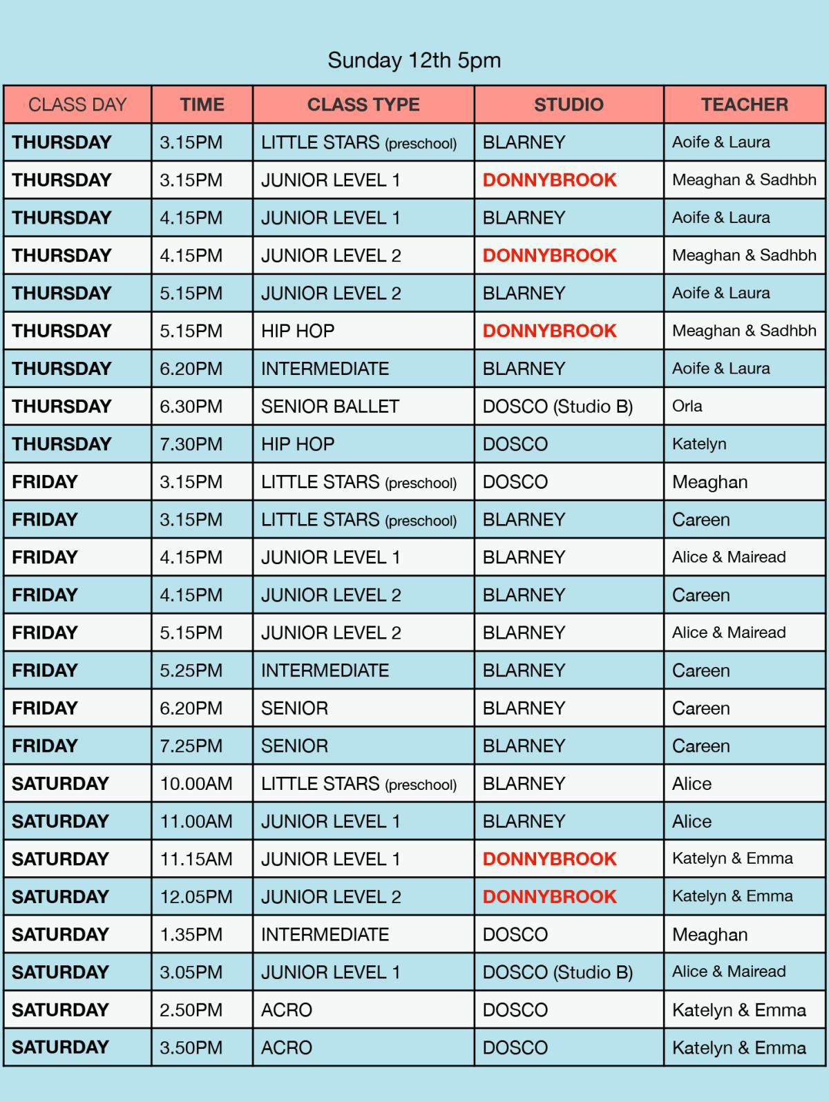Dance Show - Class Performance times