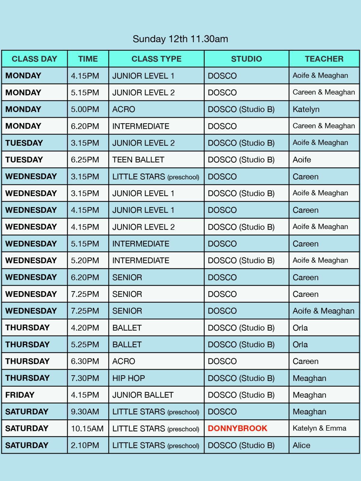 Dance Show - Class Performance times