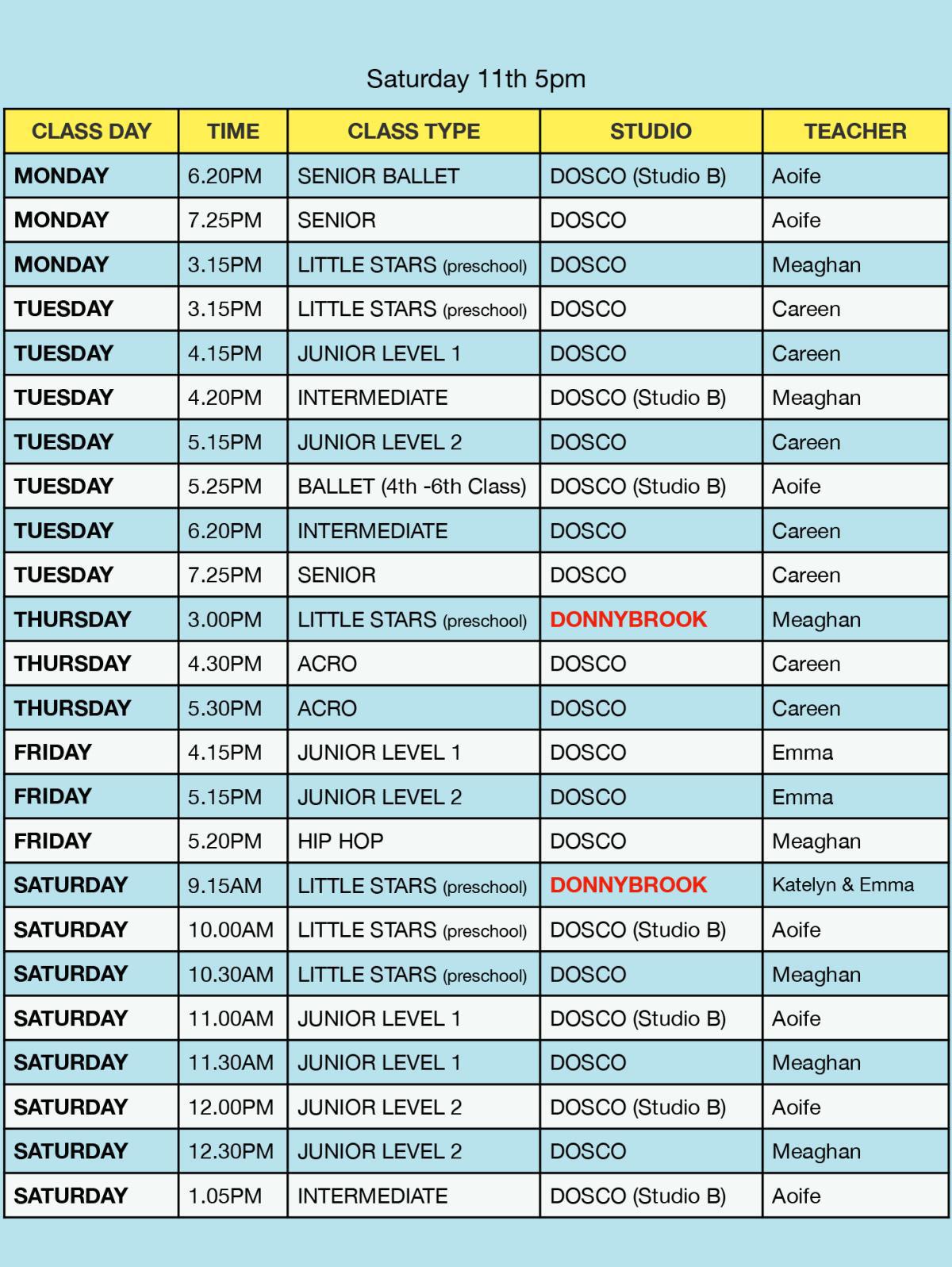 Dance Show - Class Performance times