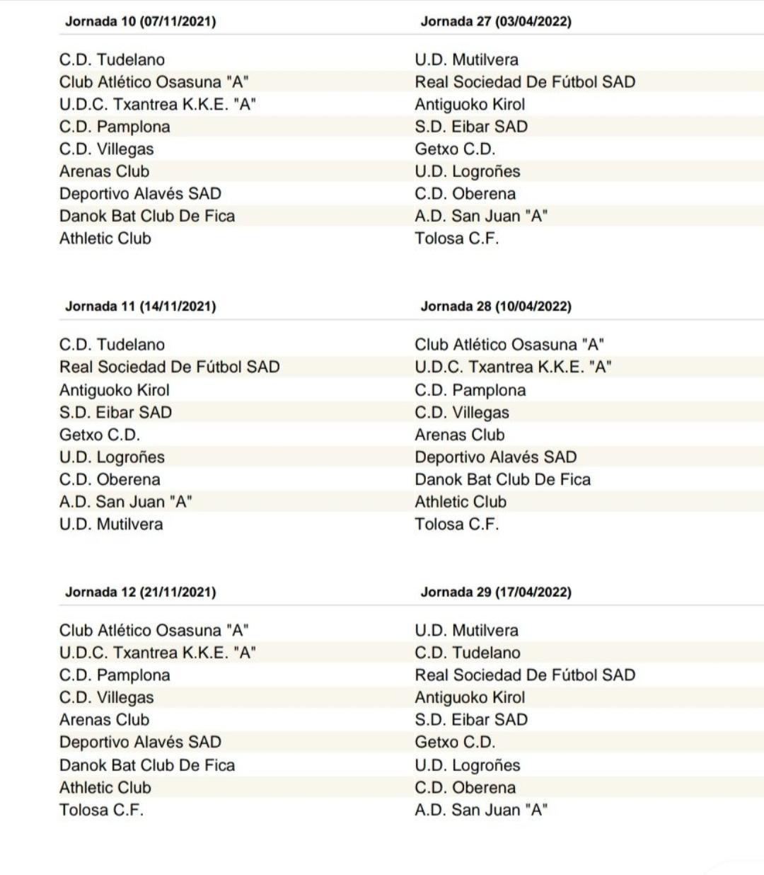 CALENDARIO 2021/2022 DIVISIÓN DE HONOR