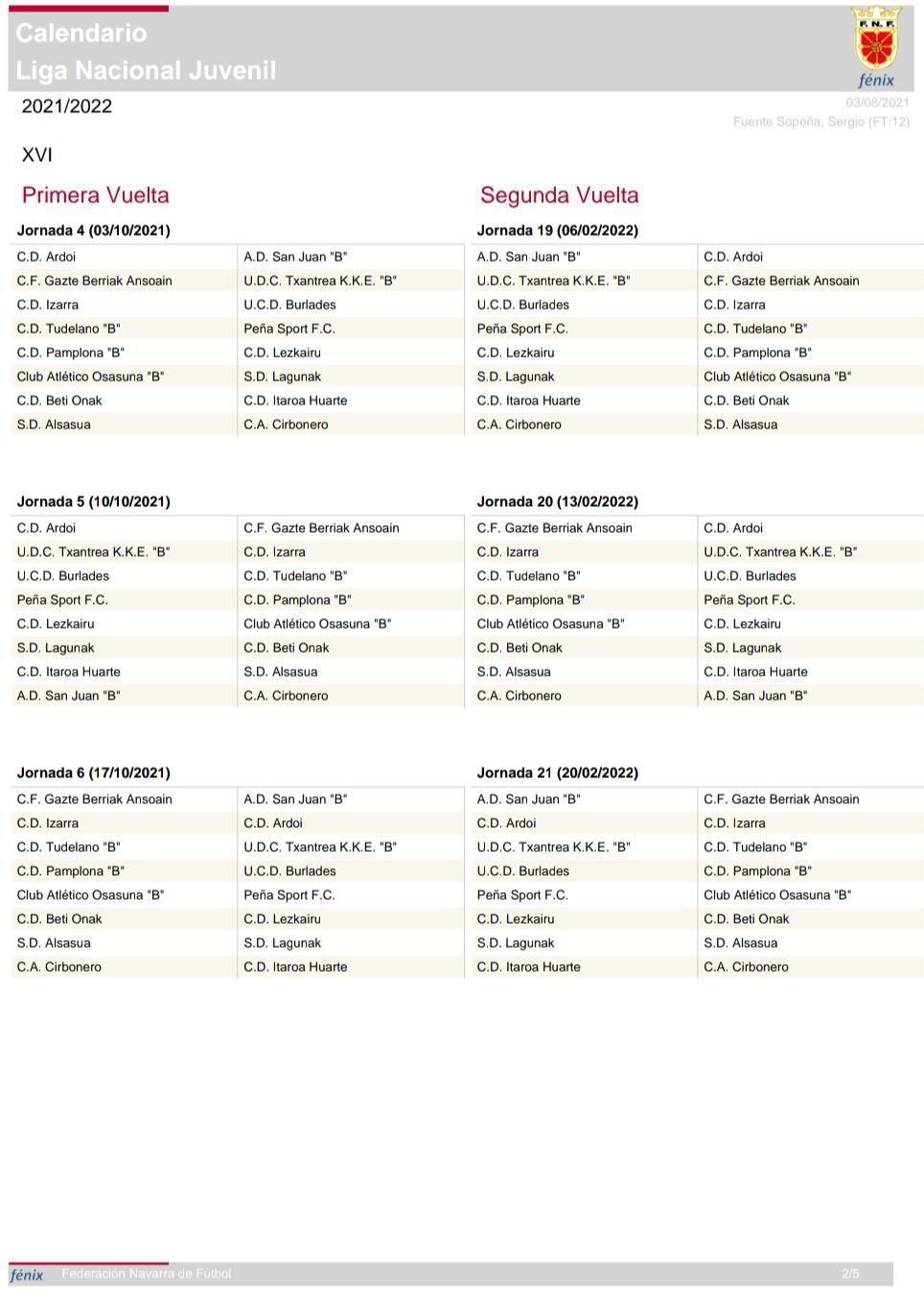 CALENDARIO 2021/2022 DEL EQUIPO DE LIGA NACIONAL. 2021/2022 EGUTEGIA LIGA NAZIONALEKO TALDEARENTZAKO