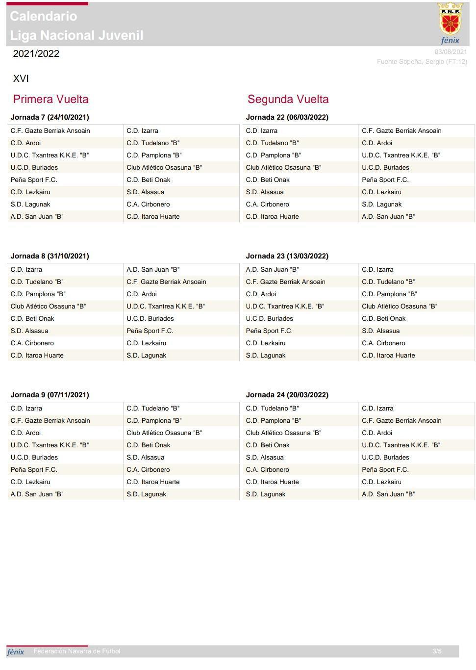 CALENDARIO 2021/2022 DEL EQUIPO DE LIGA NACIONAL. 2021/2022 EGUTEGIA LIGA NAZIONALEKO TALDEARENTZAKO