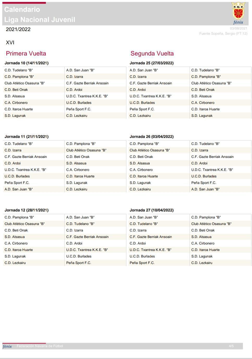 CALENDARIO 2021/2022 DEL EQUIPO DE LIGA NACIONAL. 2021/2022 EGUTEGIA LIGA NAZIONALEKO TALDEARENTZAKO