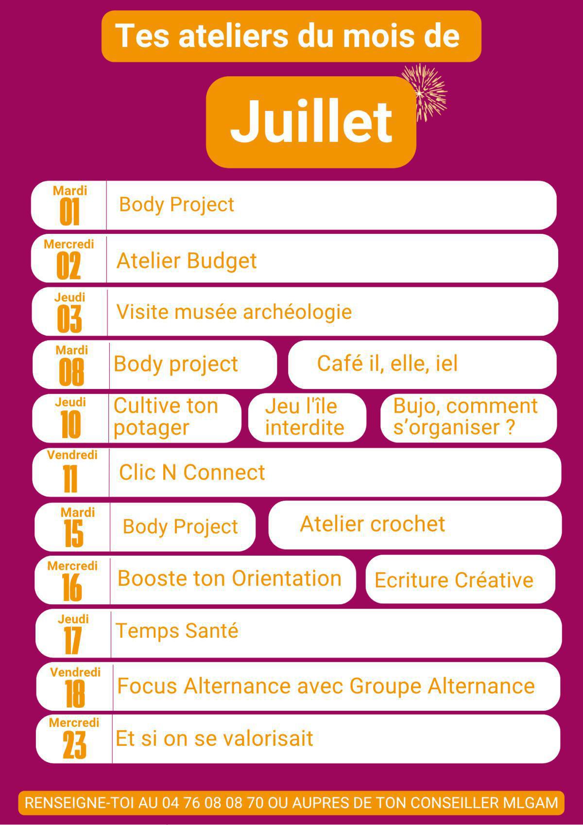 Planning des ateliers du mois 