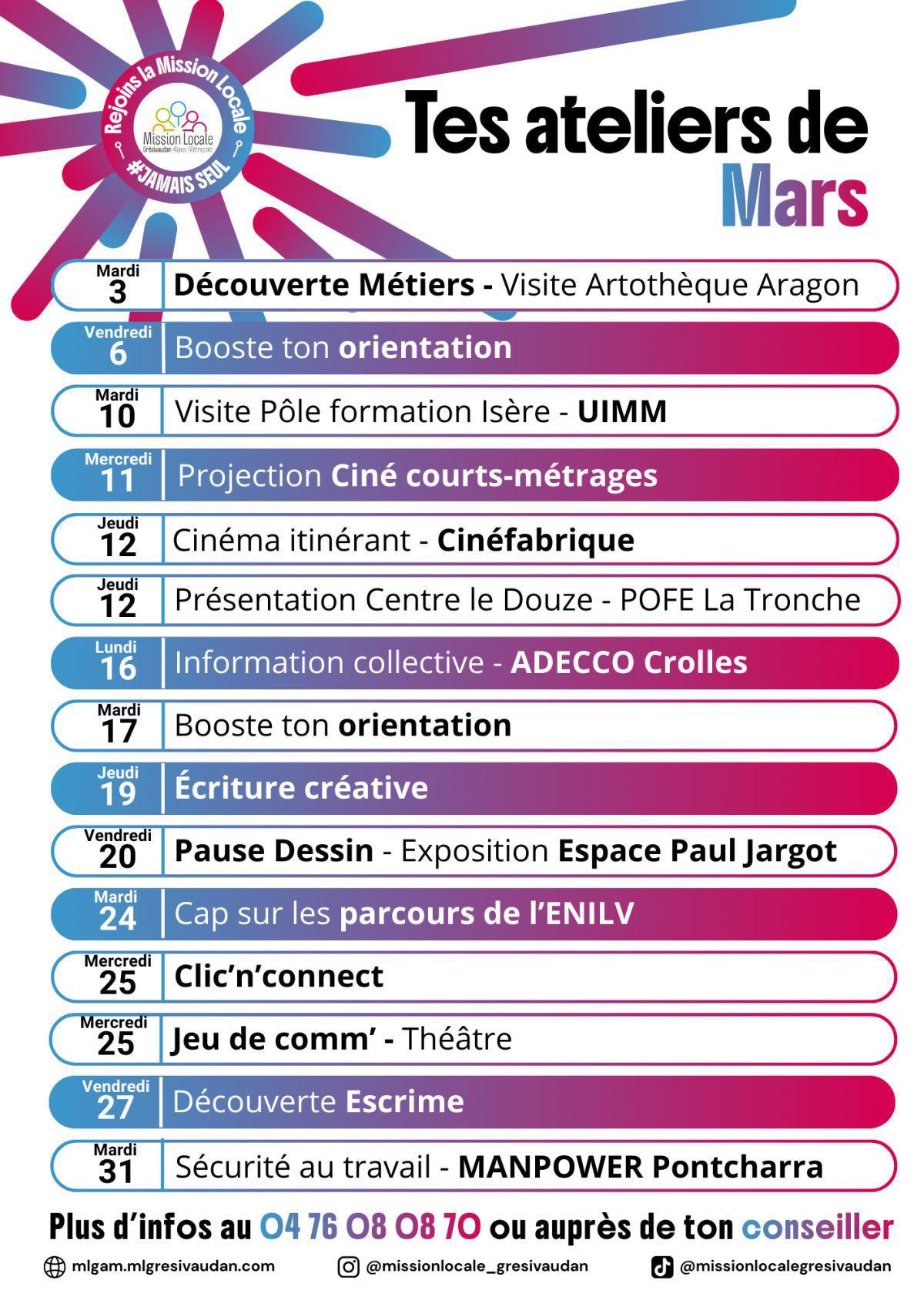 Tes ateliers du mois de MARS