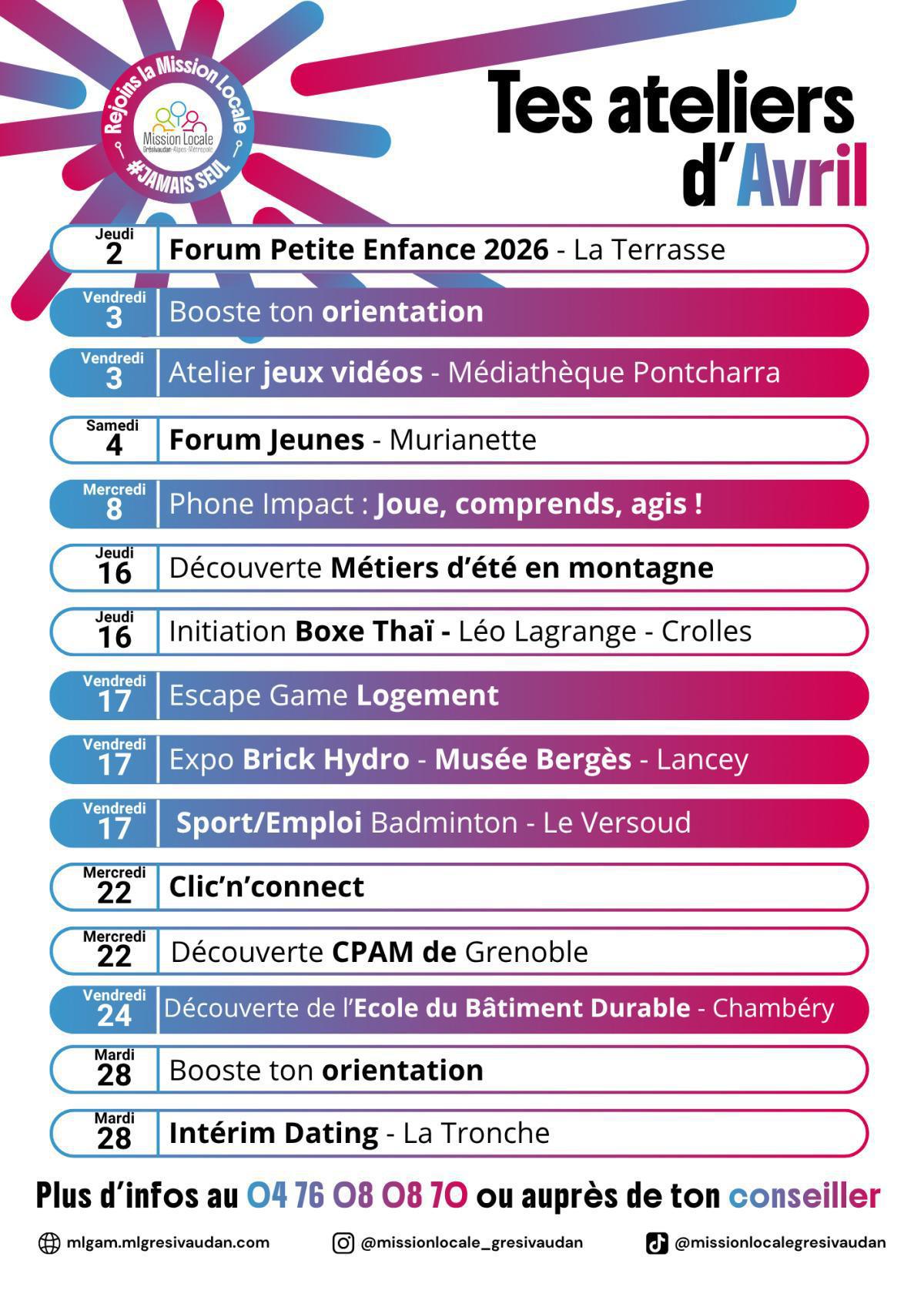 Tes ateliers du mois d'AVRIL