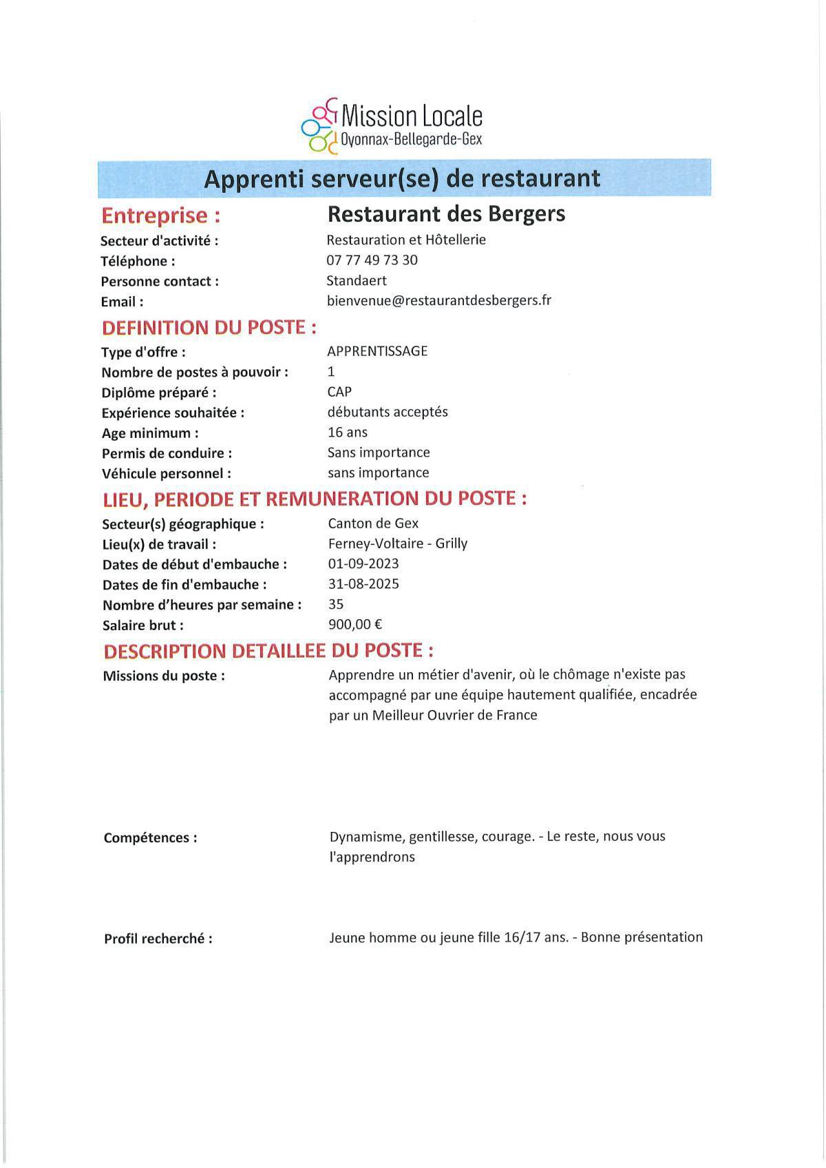 Apprenti serveur(se) de restaurant