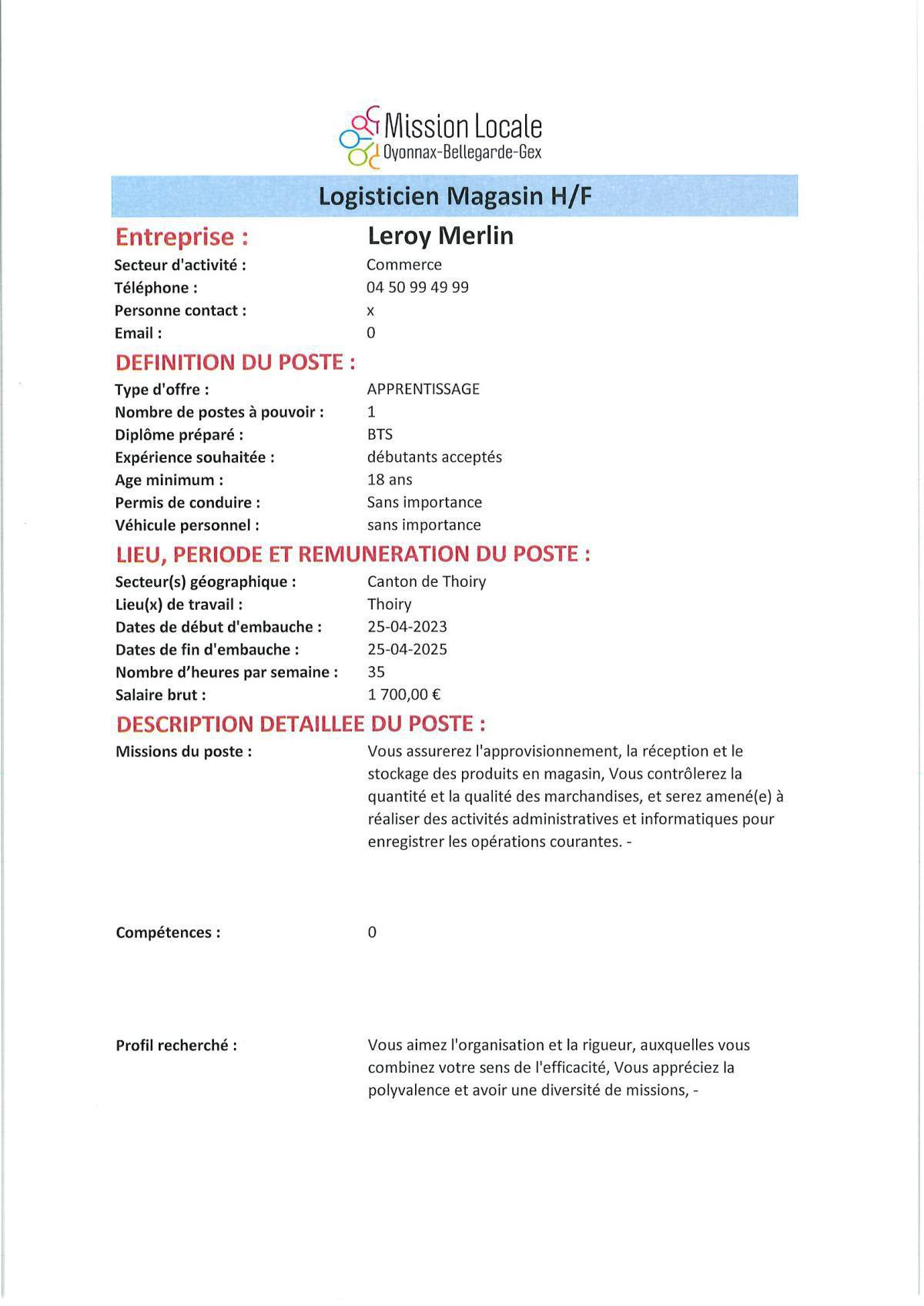 Logisticien Magasin H/F