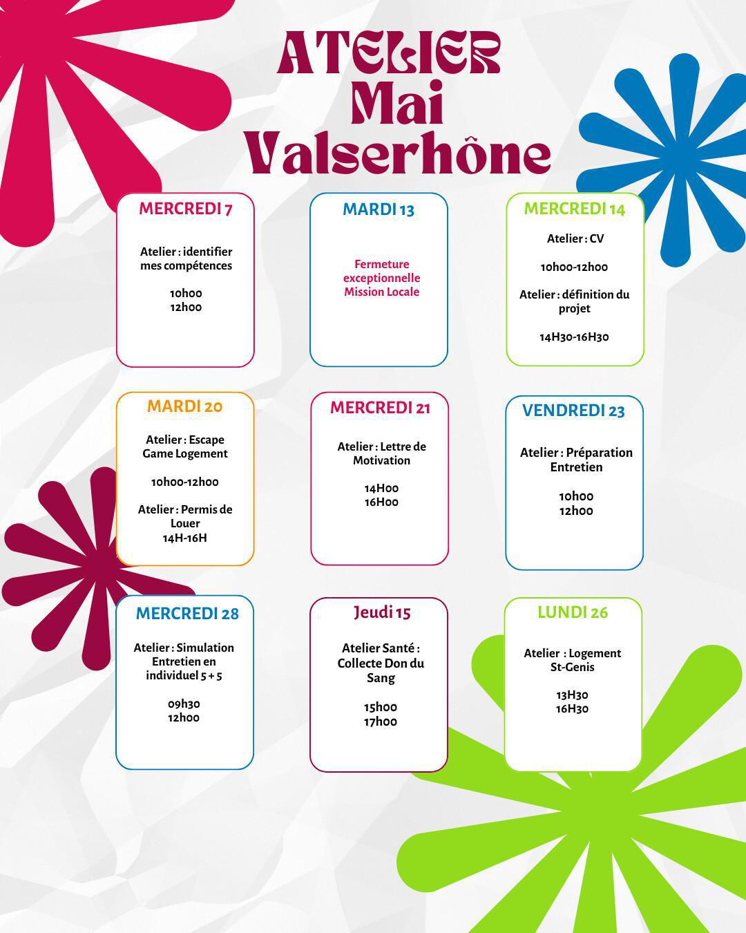 Planning de l'atelier du mois de Mai