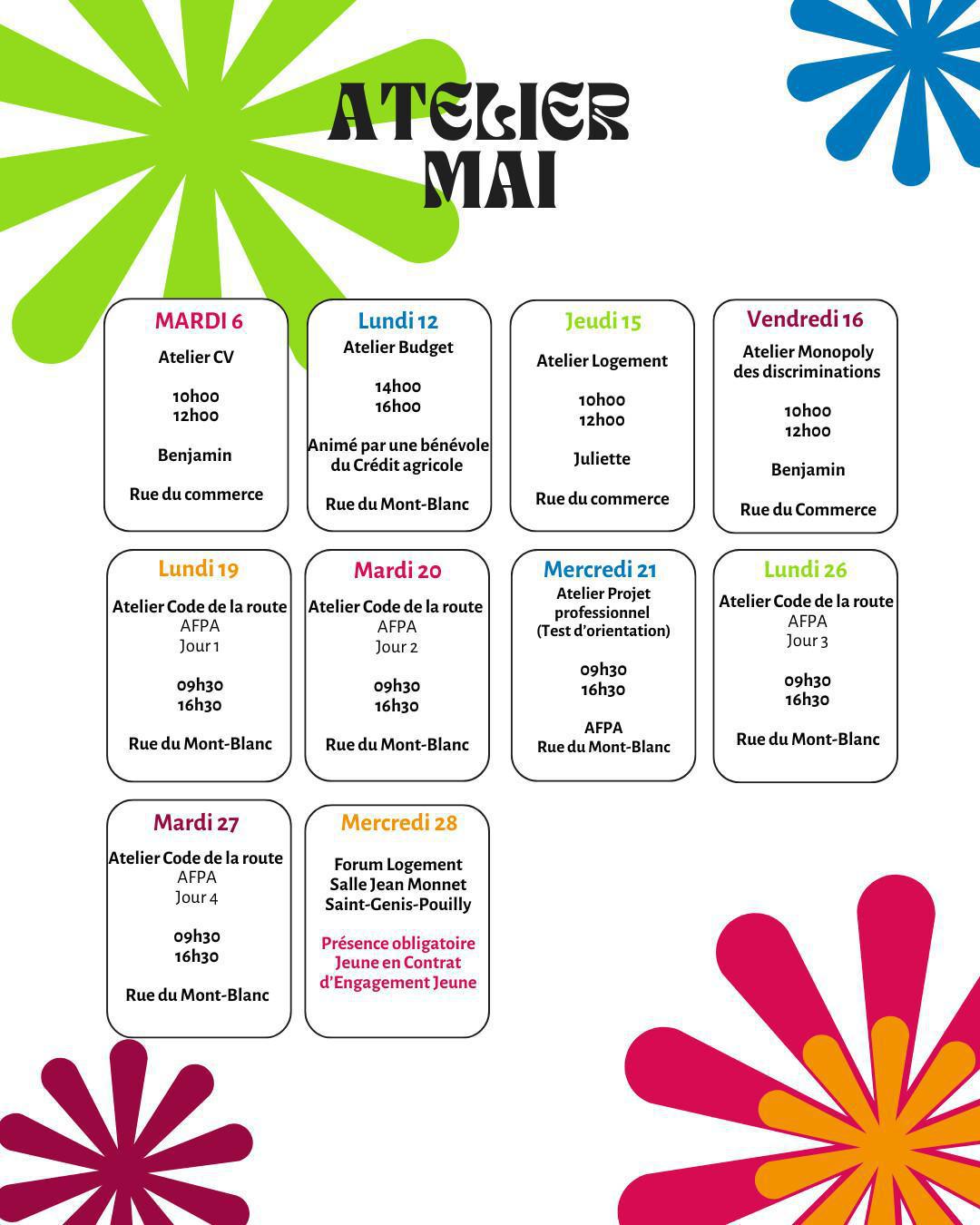 Planning de l'atelier du mois de Mai