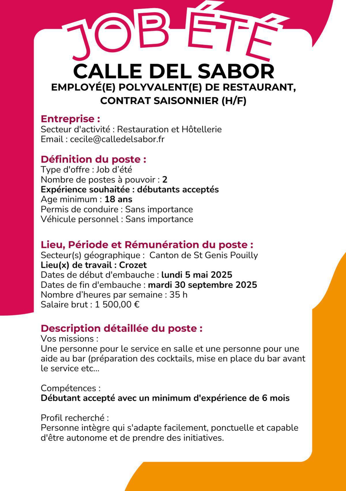 Employé(e) Polyvalent(e) de restaurant, contrat saisonnier (H/F) Crozet