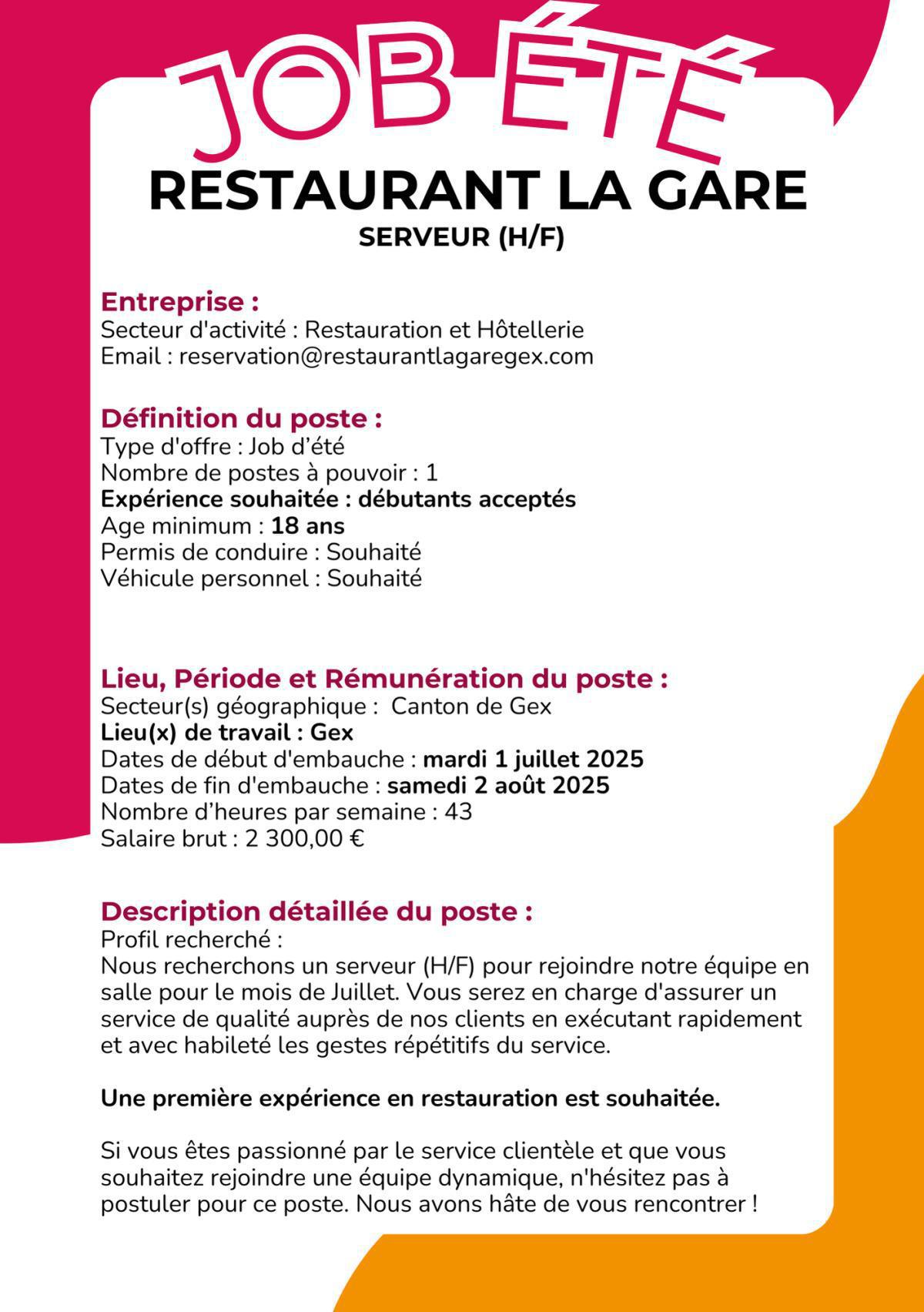 Serveur (H/F) RESTAURANT DE LA GARE Ville de Gex