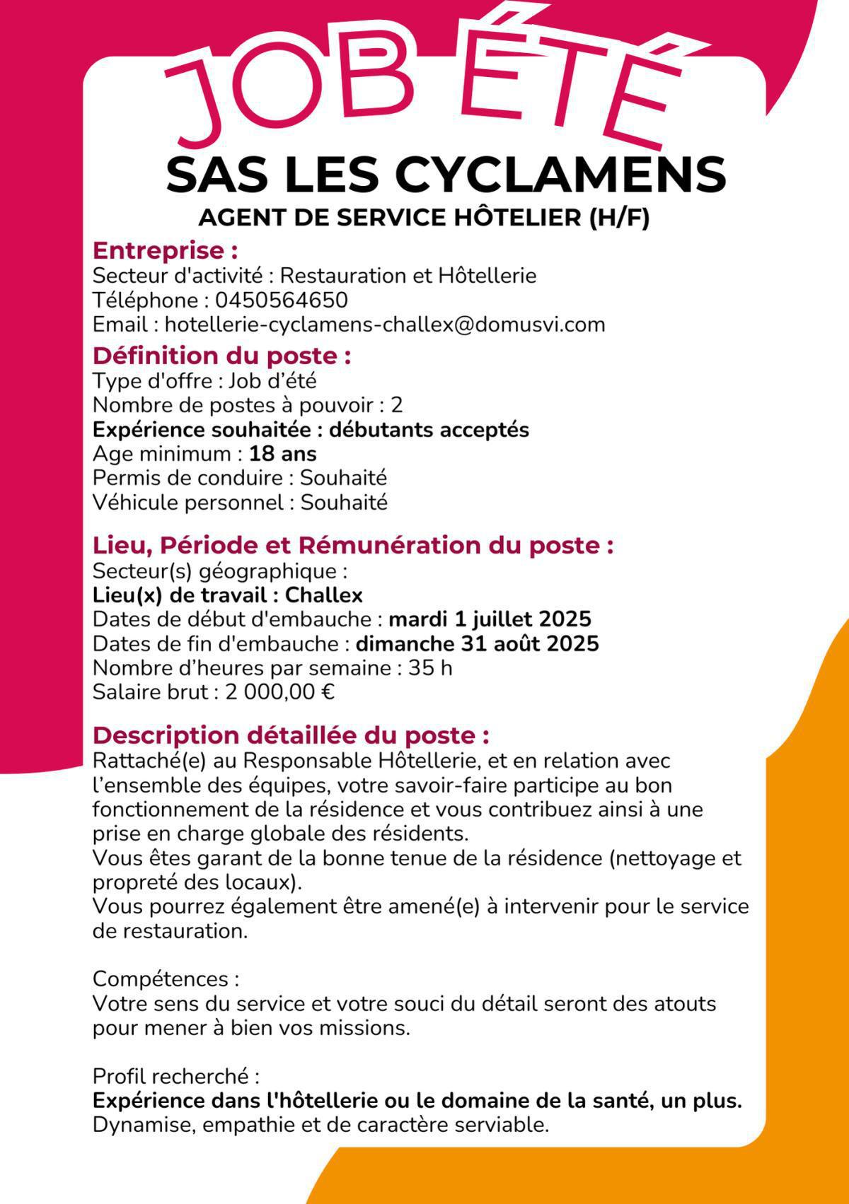 Agent de service hôtelier (H/F) SAS LES CYCLAMENS Challex