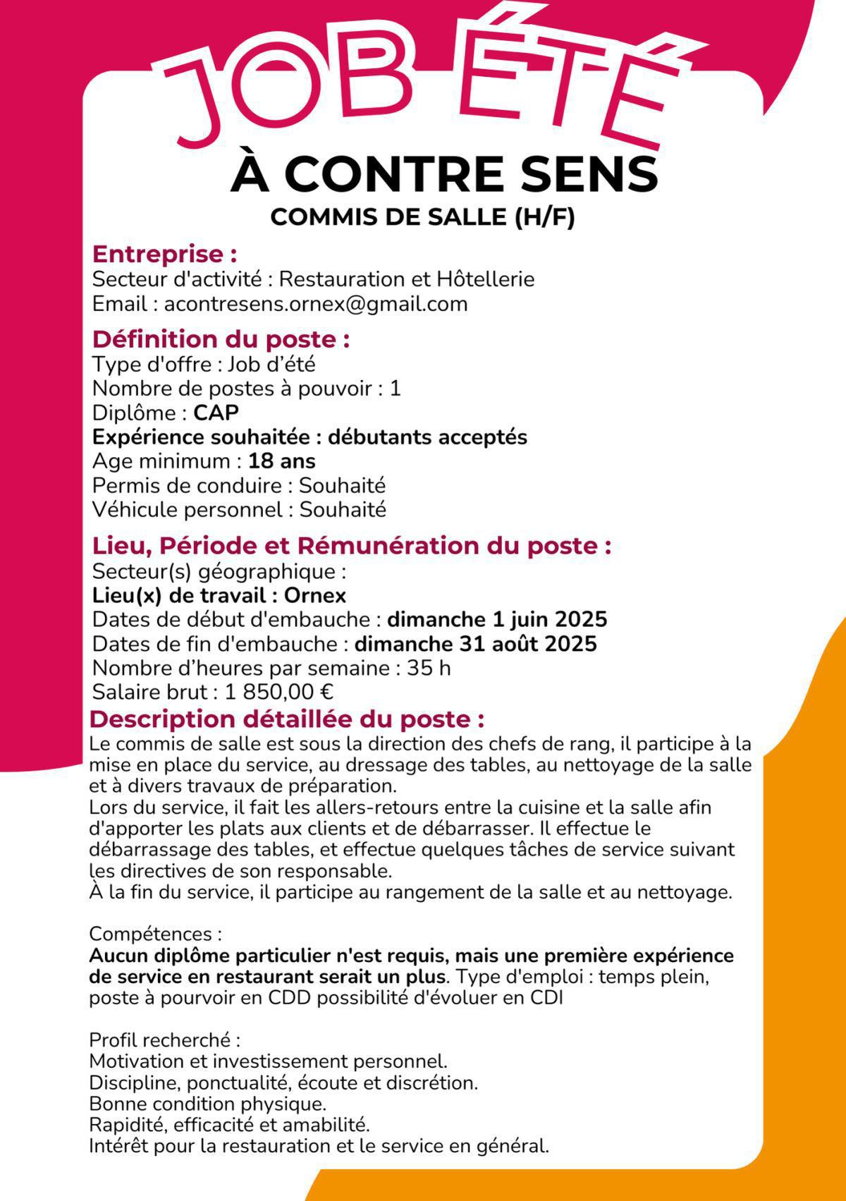 Commis de salle (H/F) À Contre Sens Ornex