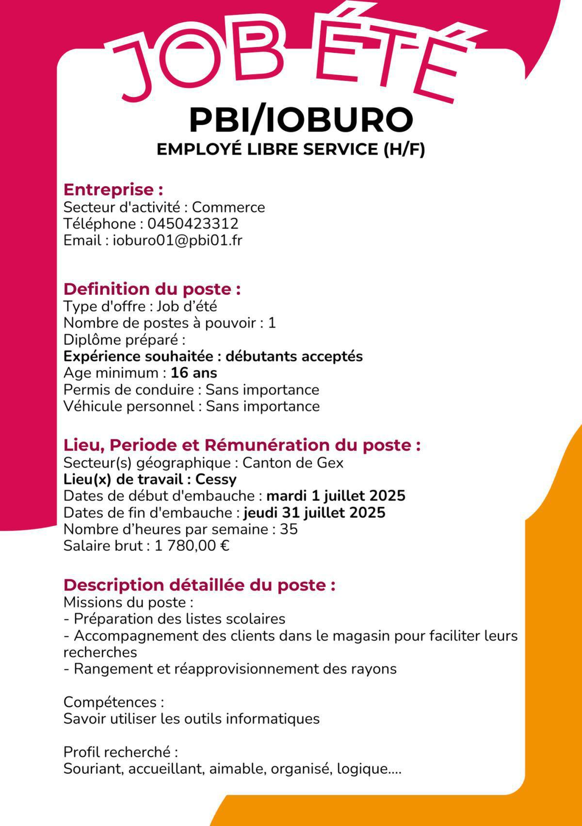 Employé Libre Service (H/F) PBI/iOBURO Cessy