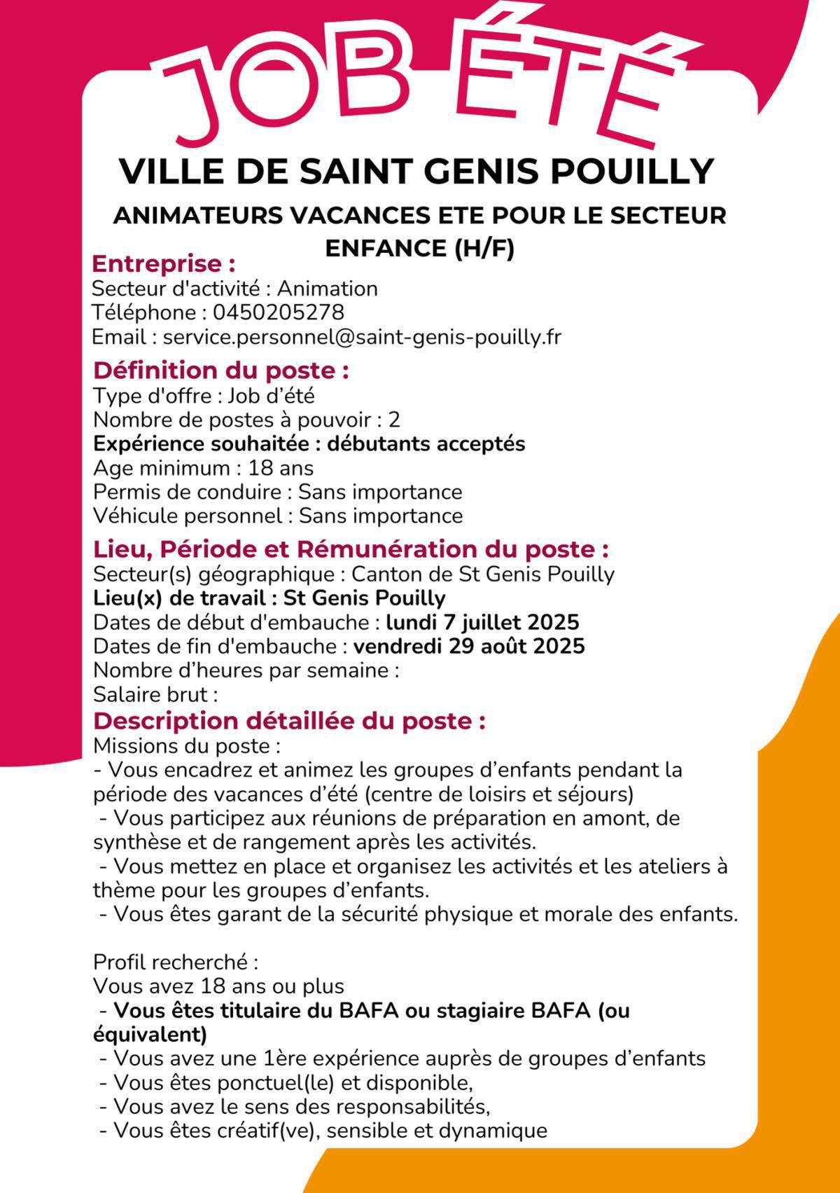 ANIMATEURS VACANCES ETE pour le secteur Enfance (H/F) VILLE DE SAINT GENIS POUILLY 