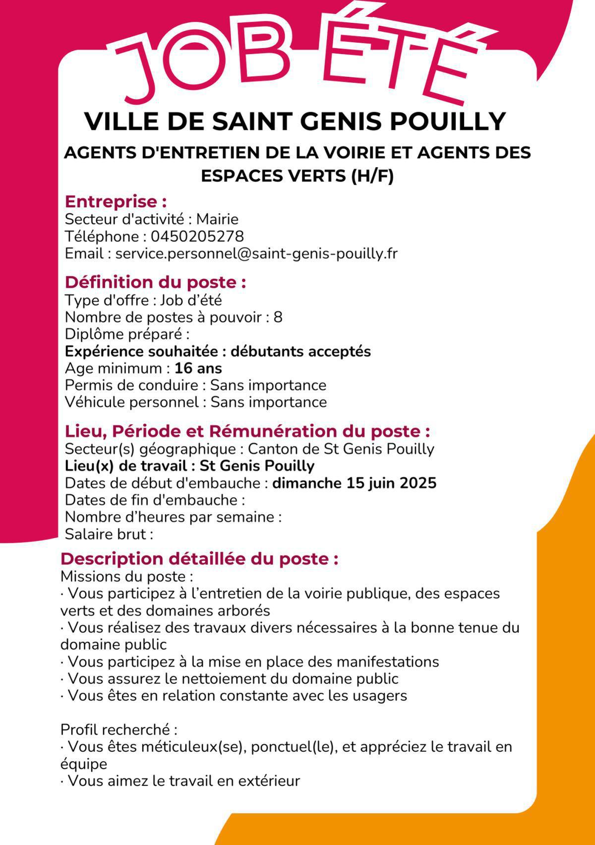 AGENTS D'ENTRETIEN DE LA VOIRIE ET AGENTS DES ESPACES VERTS (h/f) VILLE DE SAINT GENIS POUILLY 