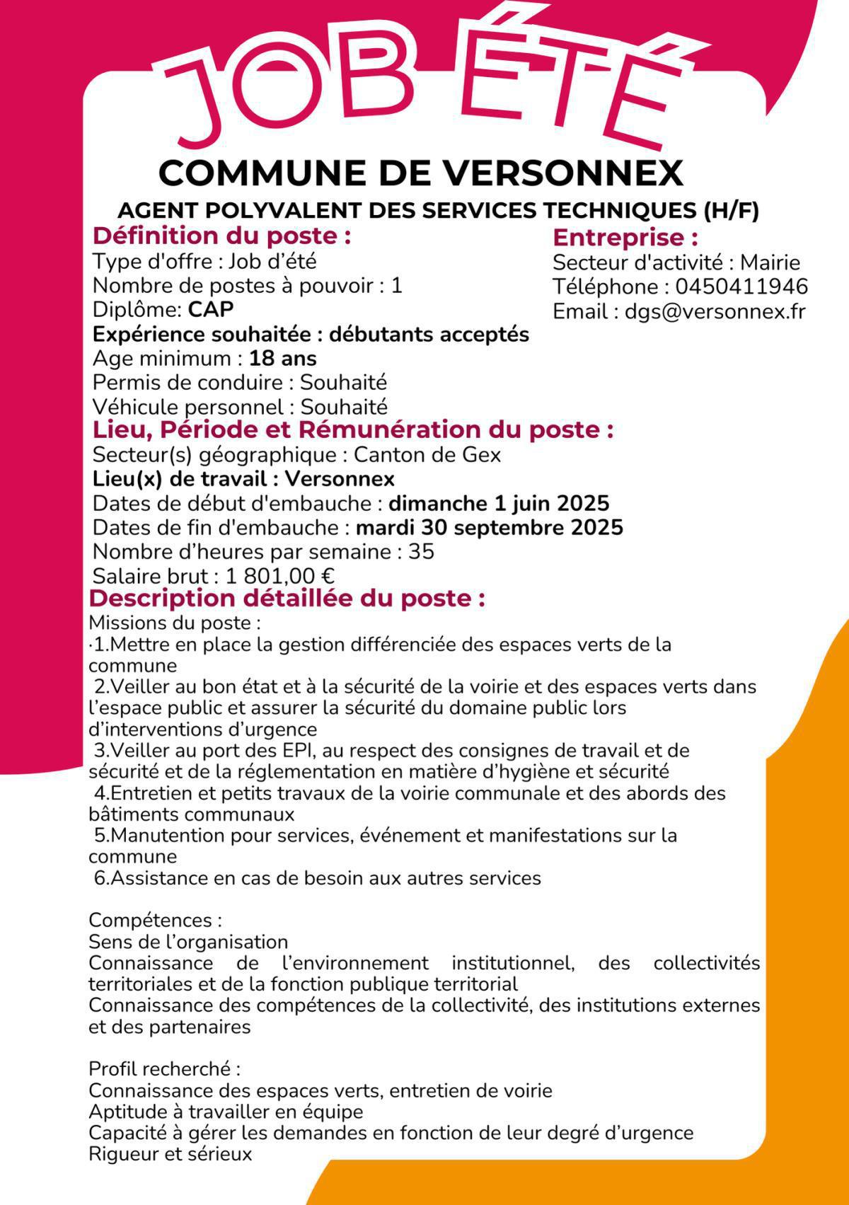 Agent polyvalent des services techniques (H/F) Commune de Versonnex 