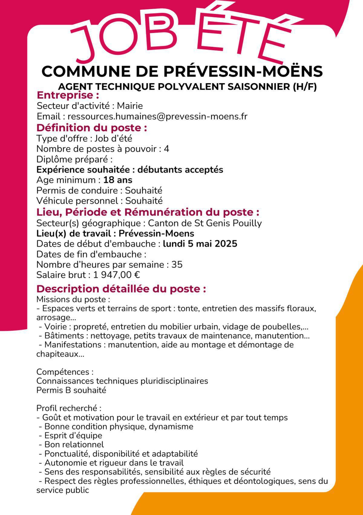 Agent technique polyvalent saisonnier (h/f) Commune de Prévessin-Moëns