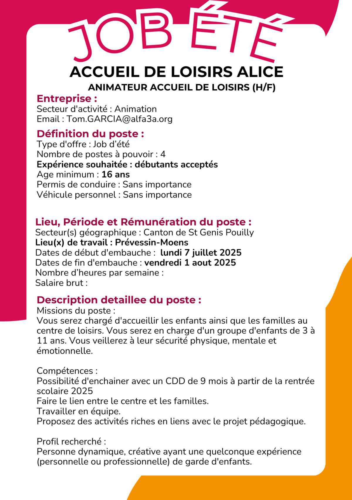 Animateur Accueil de loisirs (h/f) Accueil de loisirs Alice
