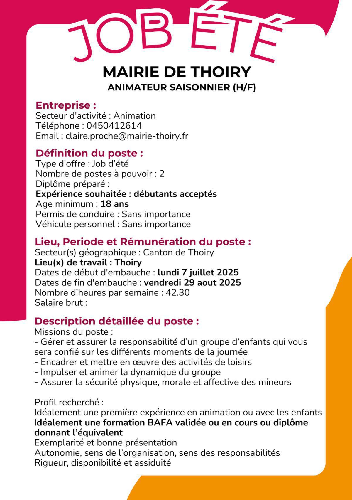 Animateur saisonnier (h/f) MAIRIE DE THOIRY