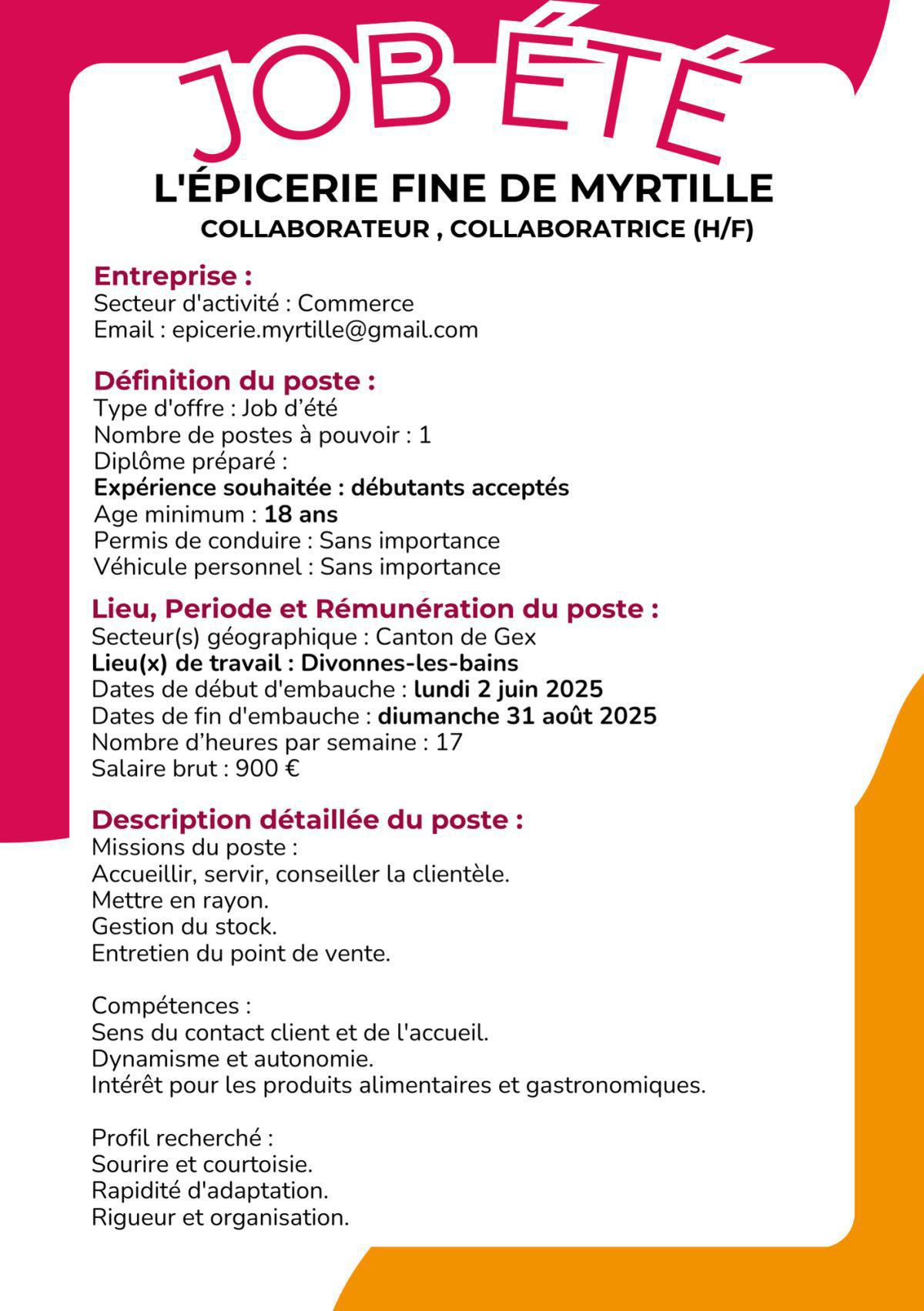 Collaborateur , collaboratrice (h/f) L'épicerie fine de Myrtille Divonnes-les-bains