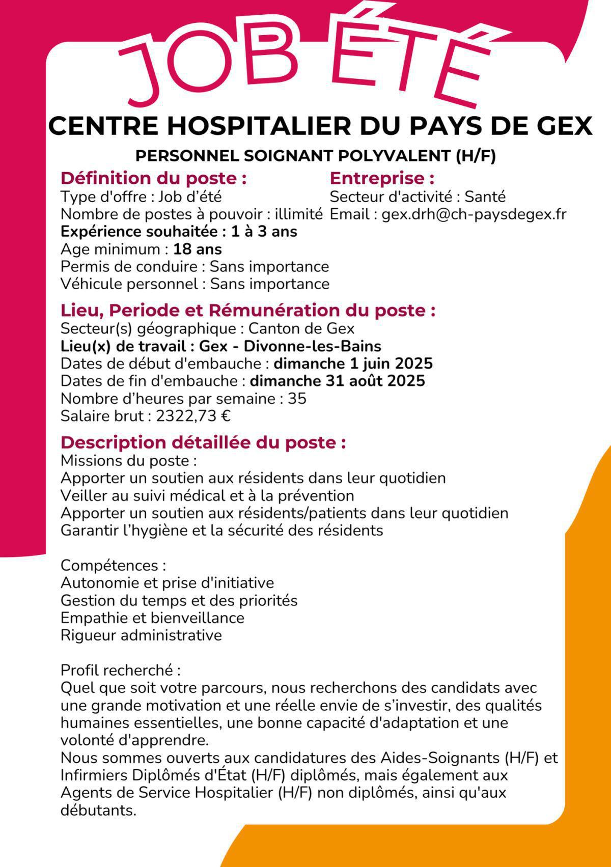 Personnel Soignant Polyvalent (h/f) Centre Hospitalier du Pays de Gex