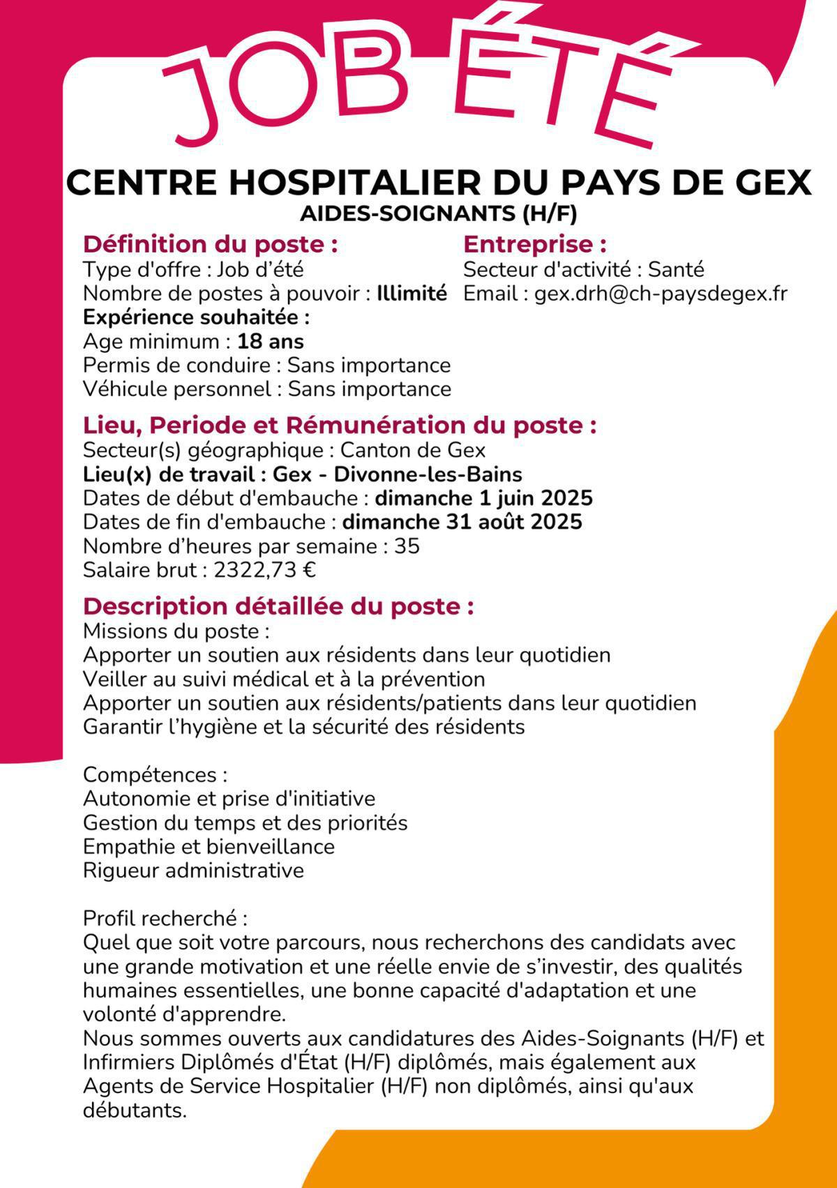 Aides-Soignants (h/f) Centre Hospitalier du Pays de Gex
