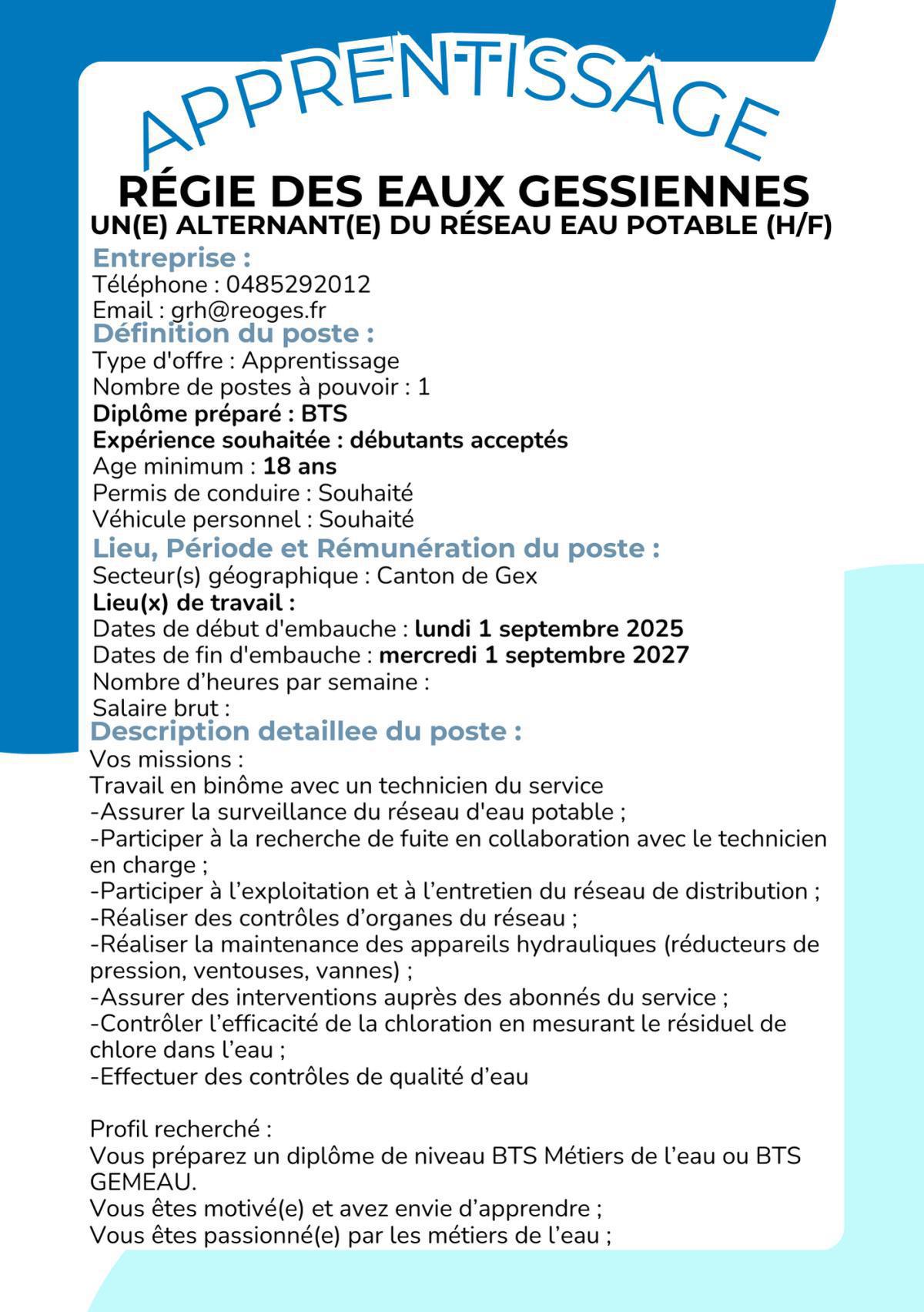 Un(e) Alternant(e) du réseau eau potable (H/F) Régie des eaux Gessiennes 
