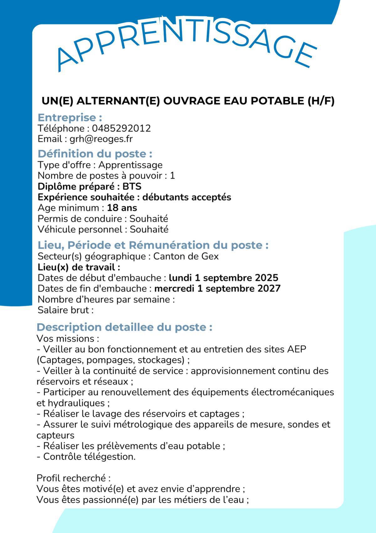 Un(e) Alternant(e) ouvrage eau potable (H/F) Régie des eaux Gessiennes 