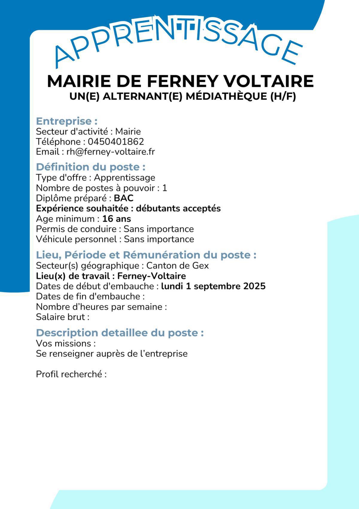 Un(e) Alternant(e) médiathèque (H/F) MAIRIE DE FERNEY VOLTAIRE 