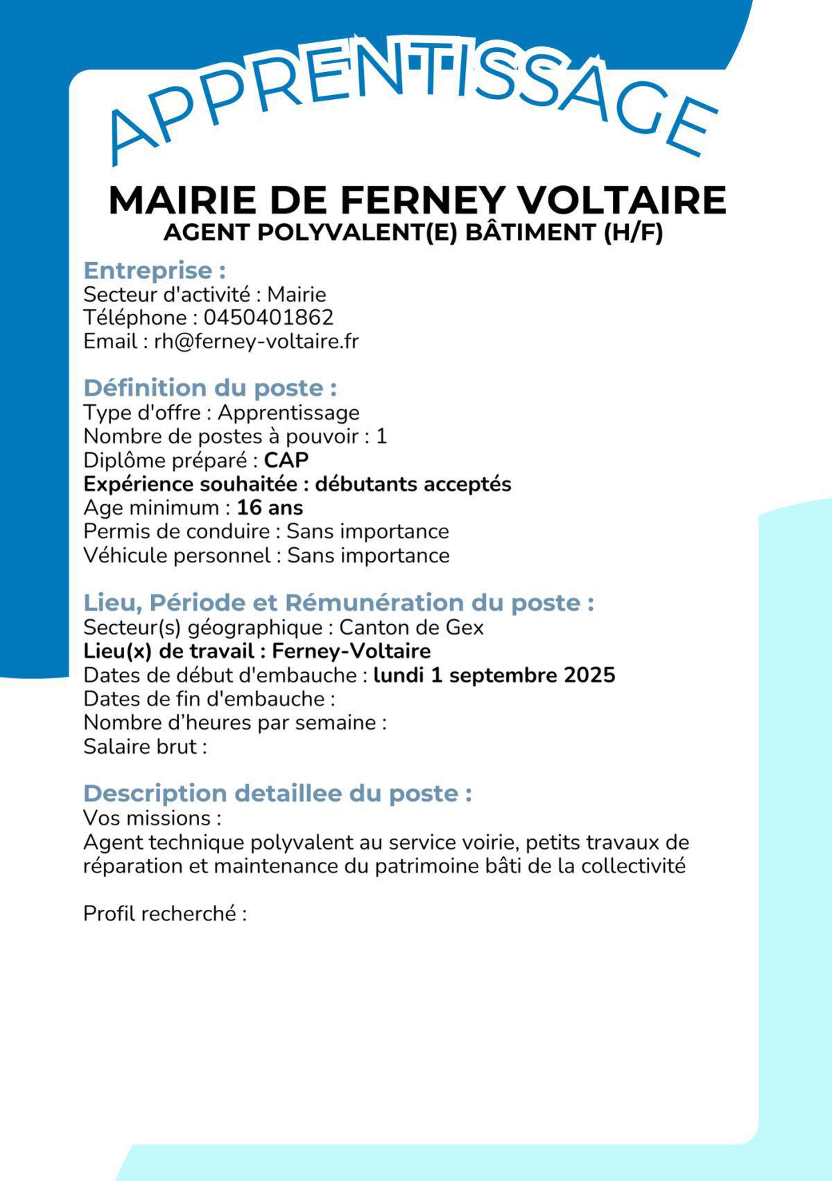 Agent polyvalent(e) bâtiment (H/F) MAIRIE DE FERNEY VOLTAIRE 